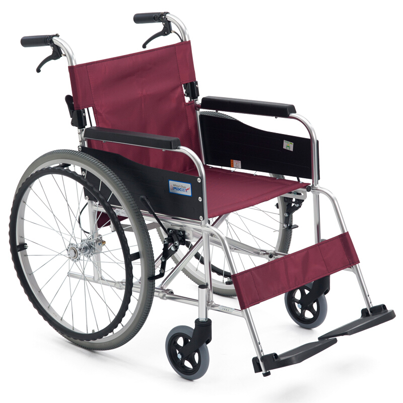 日本MiKi轮椅车老人手动折叠轻便铝合金手推便携旅行代步免充气【靠背可折叠】MPT-43JL红色