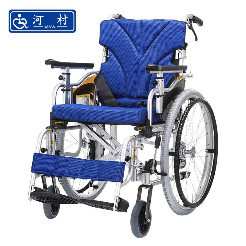 河村 轮椅老人折叠轻便多功能型手动推车大坐宽老年轮椅可推可坐大轮可携带KZM-42实心胎自走大轮蓝色（42cm坐宽）