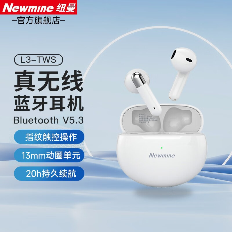 纽曼 L3真无线蓝牙耳机双耳半入耳式超长待机续航跑步运动适用于安卓苹果华为通用 陶瓷白