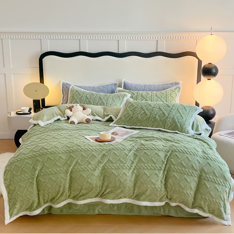 花花公子加厚牛奶绒四件套-星迪绿 H5NR22