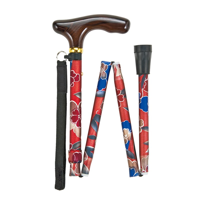 一期一会 日本品牌实木柄折叠轻便铝合金老人拐杖手杖防滑助行器FS-70 深红花
