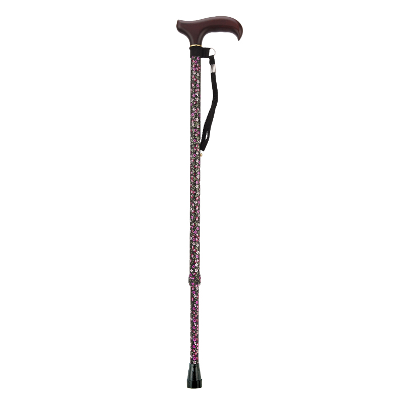日本一期一会老人拐杖实木手柄可调节轻便伸缩便捷防滑铝合金多功能时尚手杖FS-60 黑小花